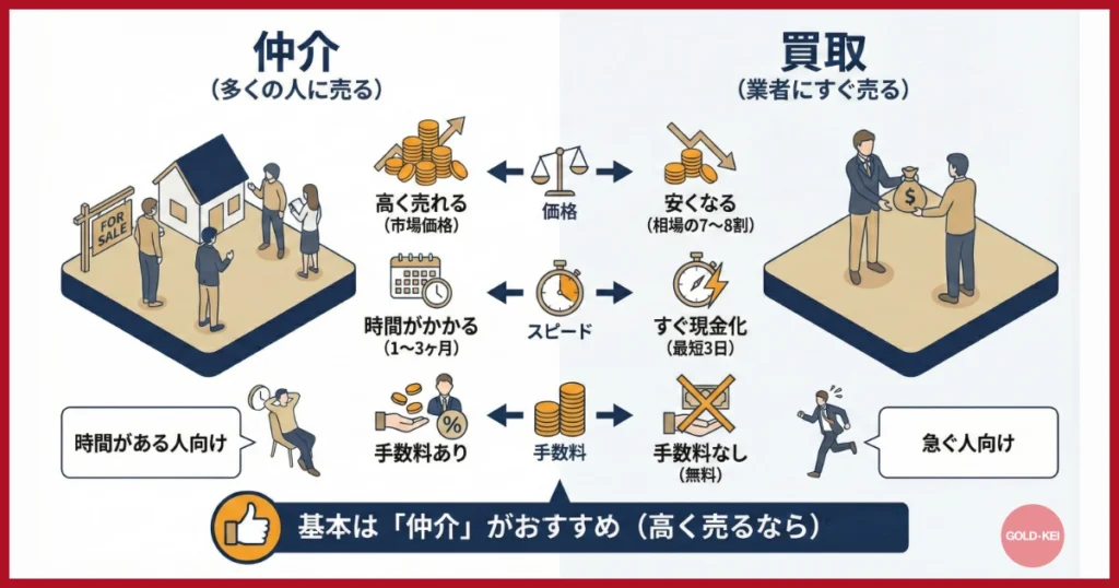 「仲介」と「買取」の違い｜メリット・デメリット比較表