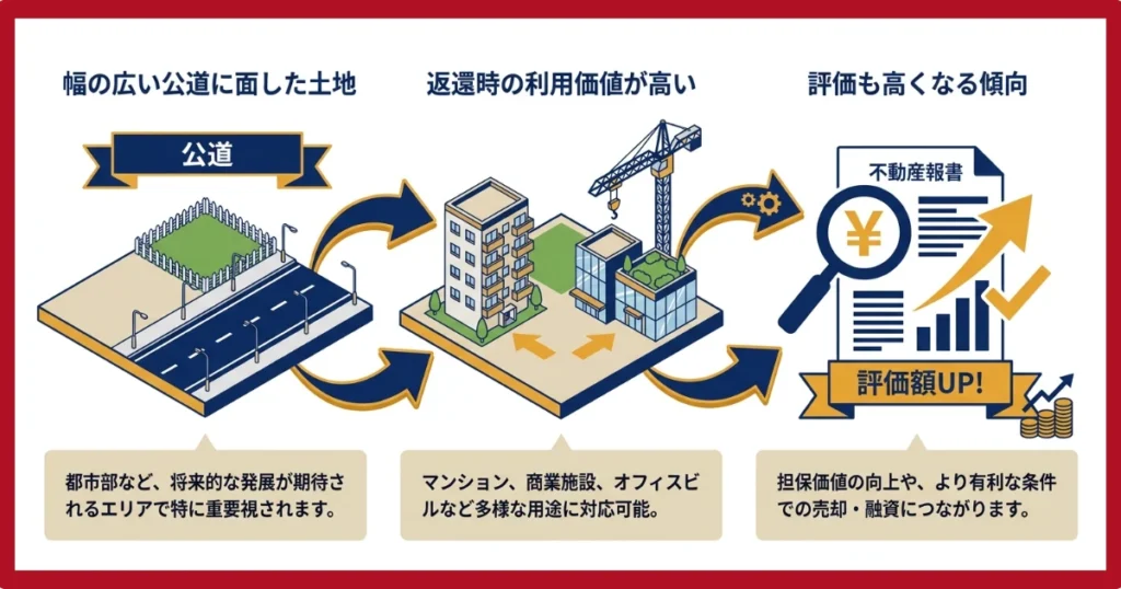 幅の広い公道に面している土地は評価が高くなる