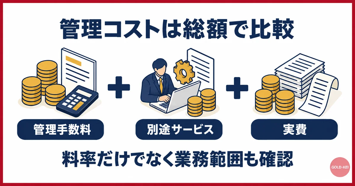 管理手数料・別途サービス費用・実費を合わせて管理コストを比較する説明図