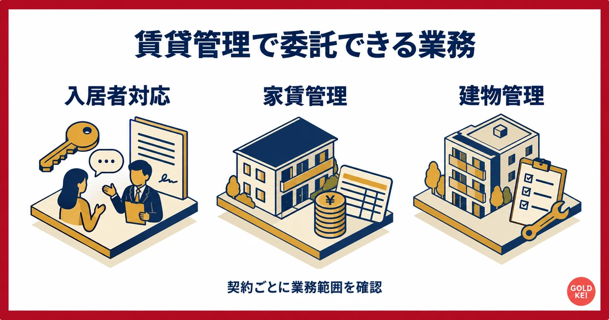 賃貸管理の委託業務を入居者対応・家賃管理・建物管理に分けた説明図