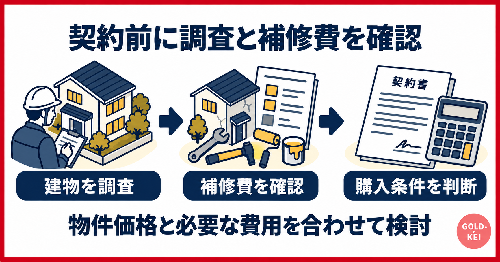 建物調査から補修費の確認、購入条件の判断へ進む流れ